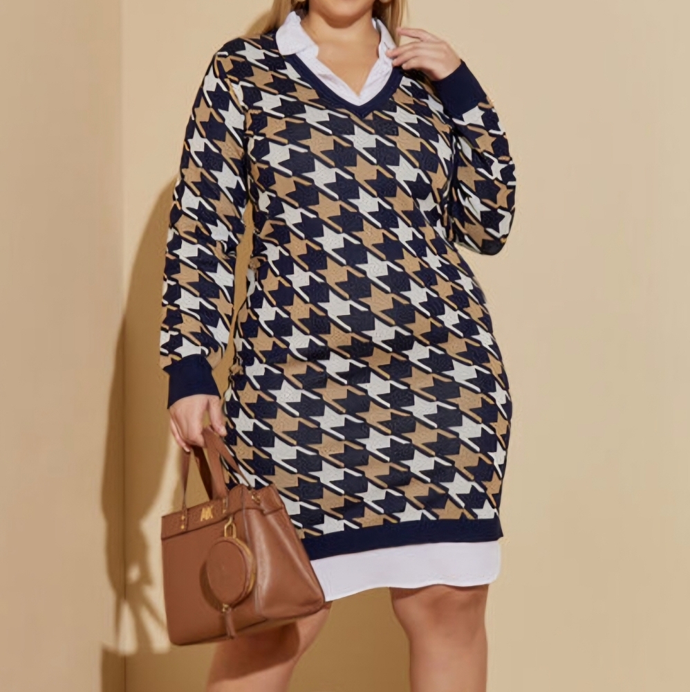 Houndstooth Sweater Shirt Dress